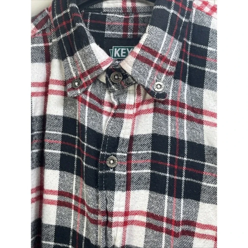 Key‎ Flannel Long Sleeve Button Up Shirt Red Black White Plaid farmcore  outddor